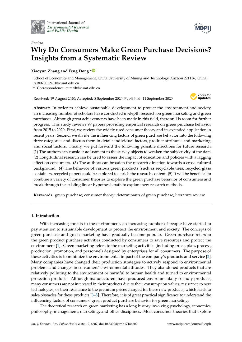 Why Do Consumers Make Green Purchase Decisions? Insights from a Systematic Review