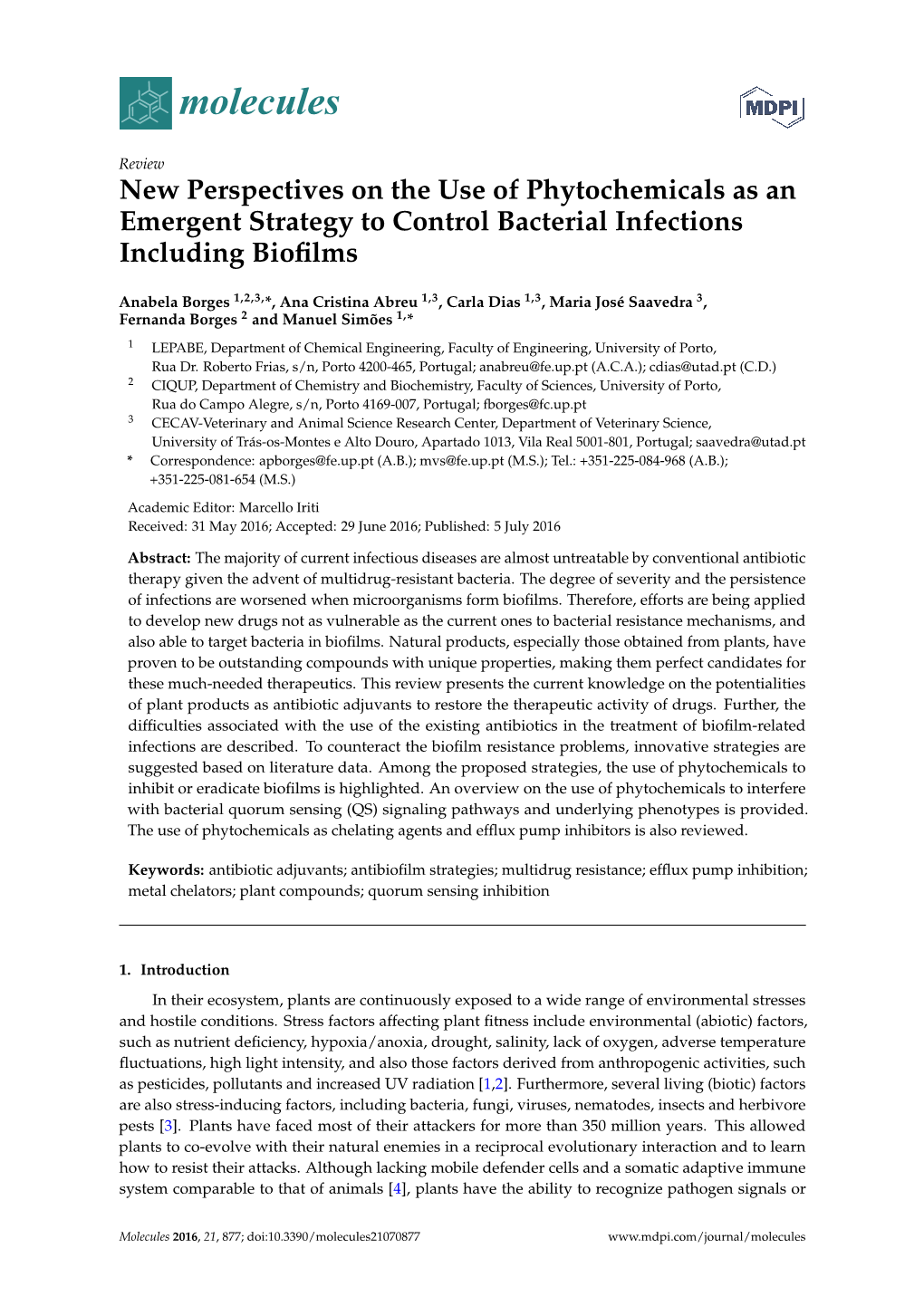 New Perspectives on the Use of Phytochemicals As an Emergent Strategy to Control Bacterial Infections Including Biofilms