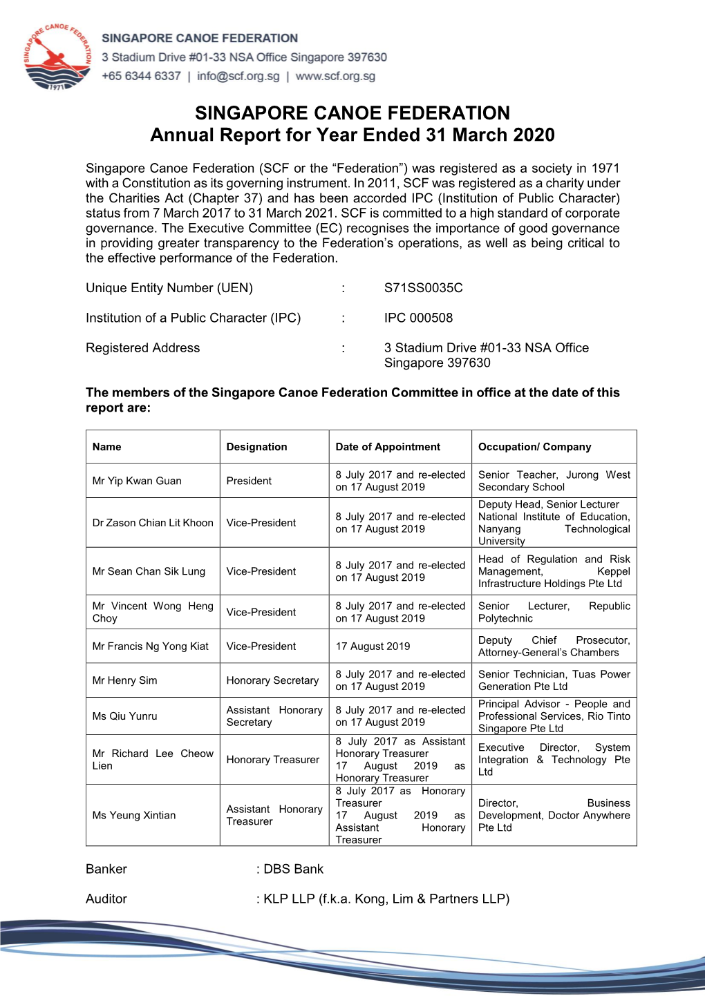 SINGAPORE CANOE FEDERATION Annual Report for Year Ended 31 March 2020