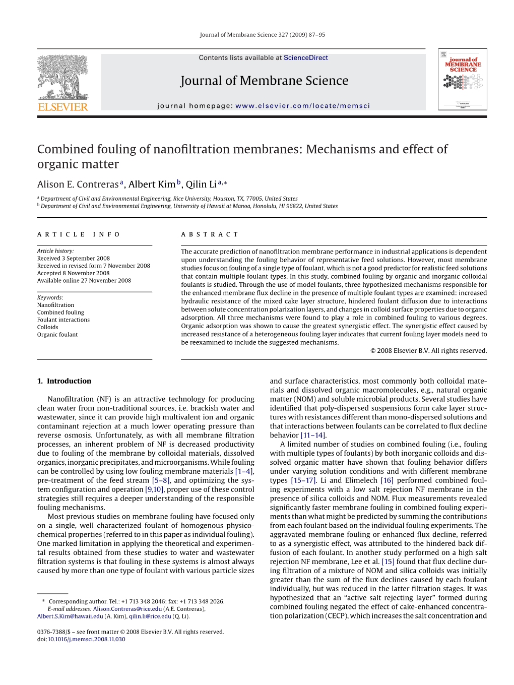 Journal of Membrane Science Combined Fouling of Nanofiltration