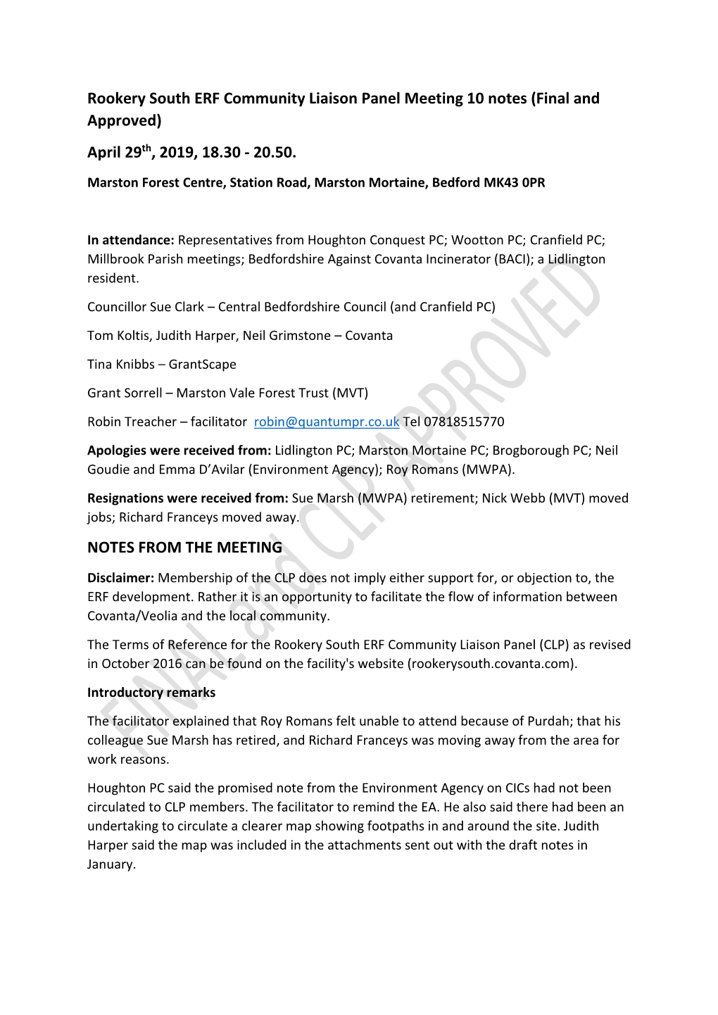 Rookery South ERF Community Liaison Panel Meeting 10 Notes (Final and Approved) April 29Th, 2019, 18.30 - 20.50
