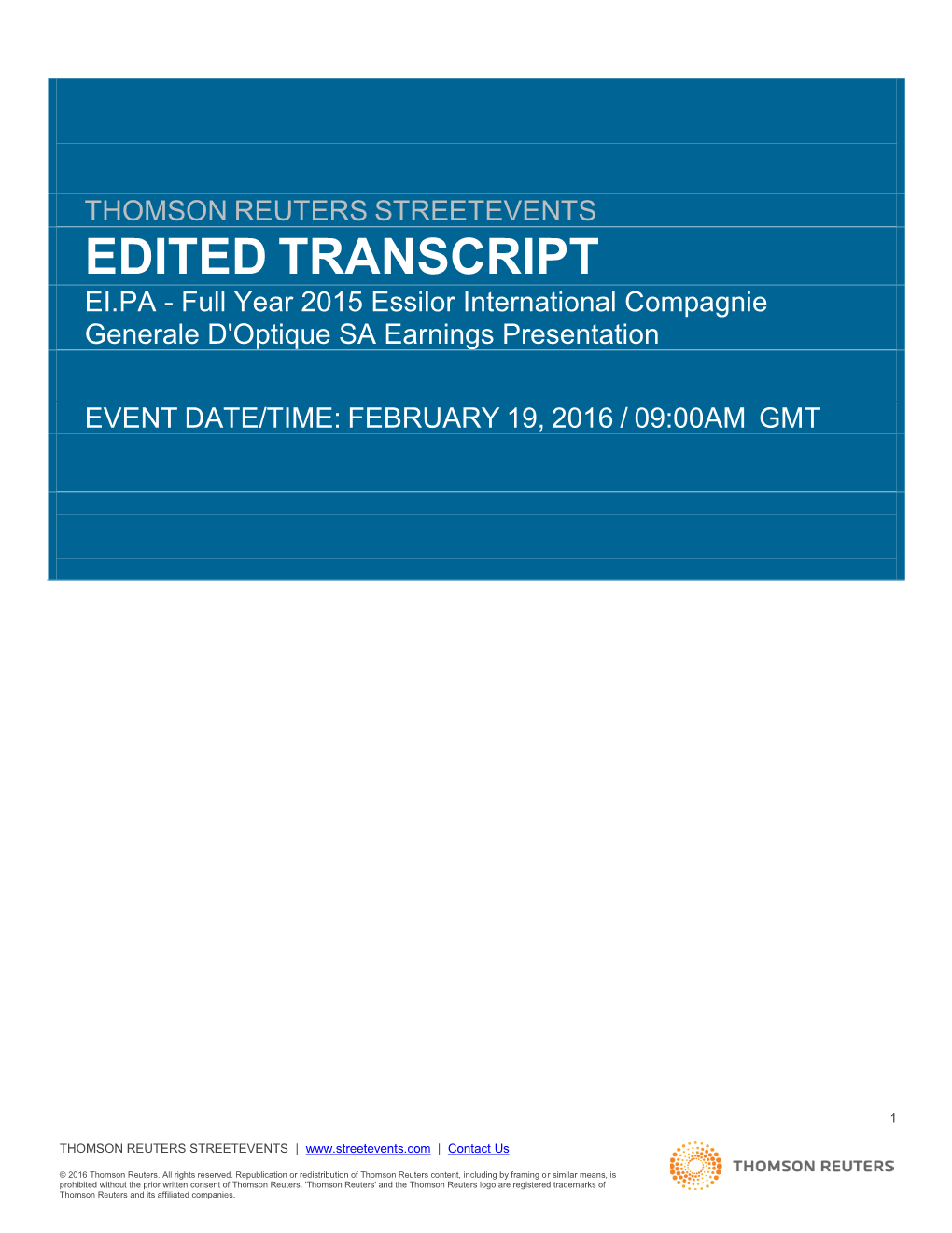 EDITED TRANSCRIPT EI.PA - Full Year 2015 Essilor International Compagnie Generale D'optique SA Earnings Presentation