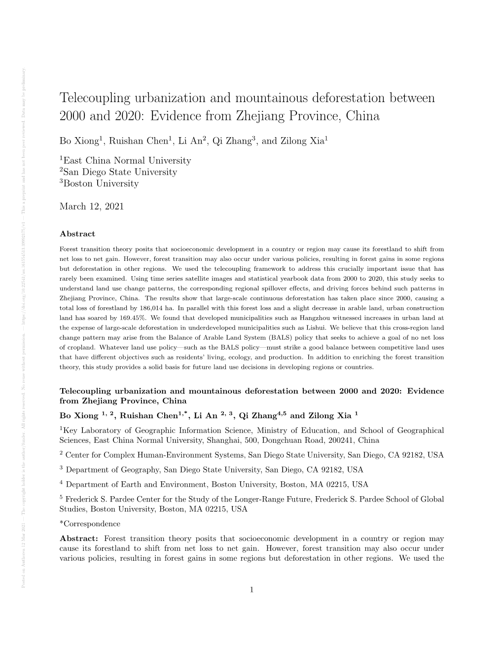 Telecoupling Urbanization and Mountainous Deforestation Between