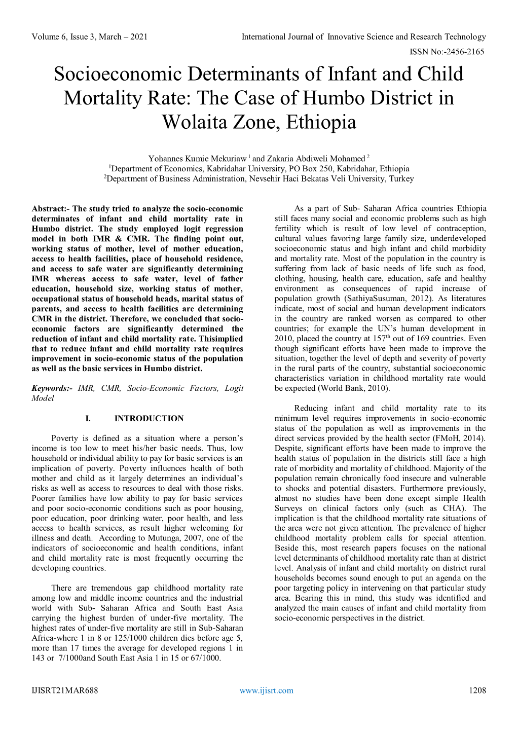 Socioeconomic Determinants of Infant and Child Mortality Rate: the Case of Humbo District in Wolaita Zone, Ethiopia
