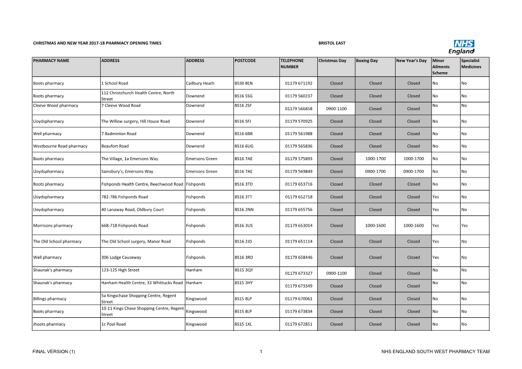 Final Version (1) 1 Nhs England South West Pharmacy Team Christmas and New Year 2017-18 Pharmacy Opening Times Bristol East