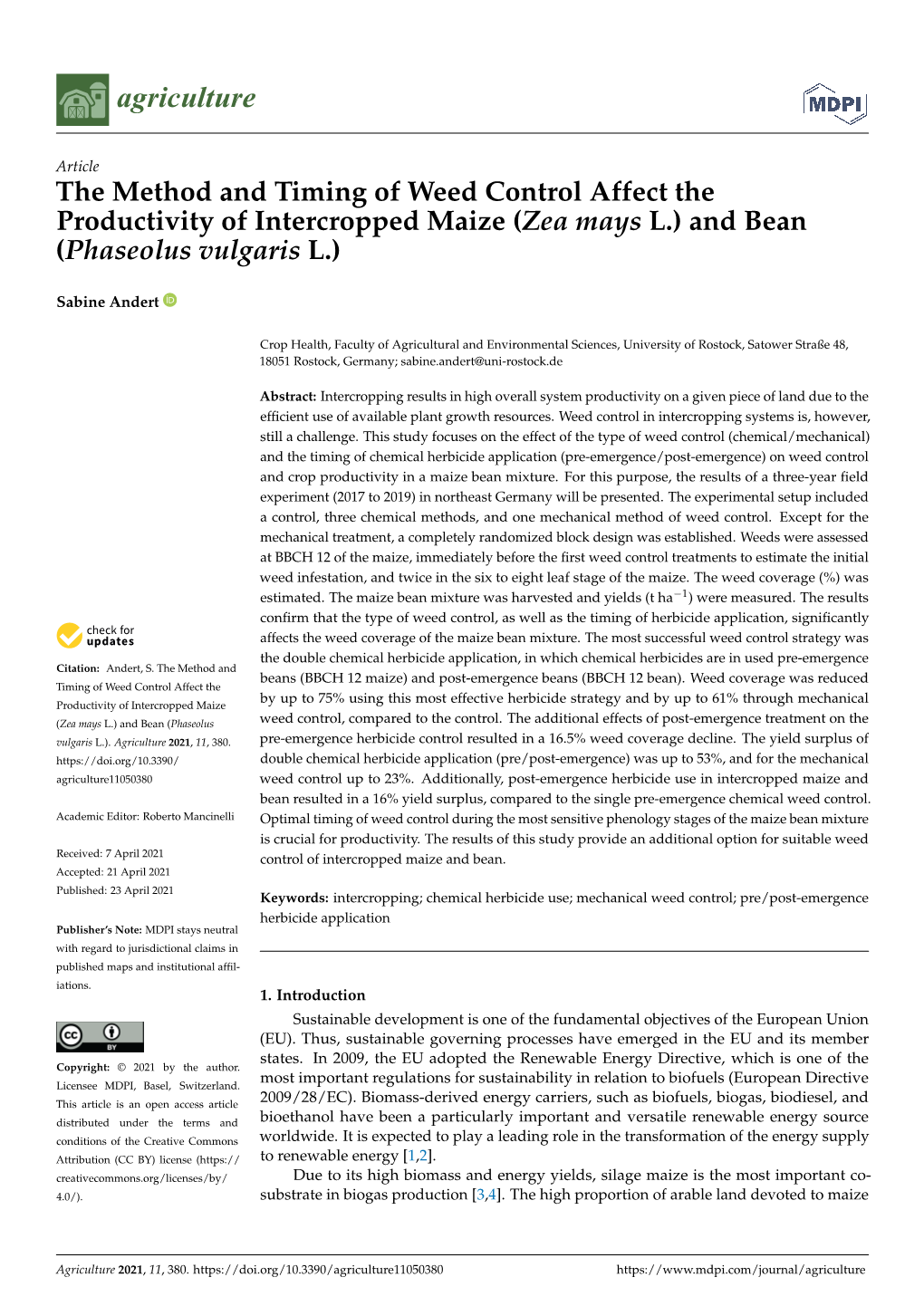 The Method and Timing of Weed Control Affect the Productivity of Intercropped Maize (Zea Mays L.) and Bean (Phaseolus Vulgaris L.)