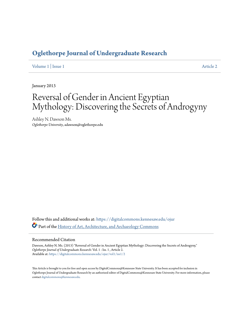 Reversal of Gender in Ancient Egyptian Mythology: Discovering the Secrets of Androgyny Ashley N