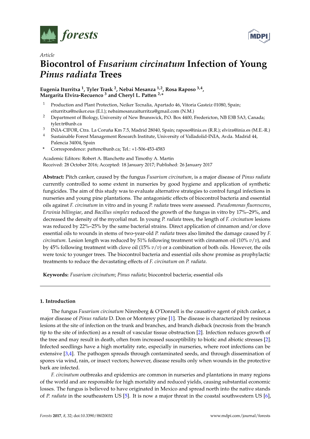 Biocontrol of Fusarium Circinatum Infection of Young Pinus Radiata Trees