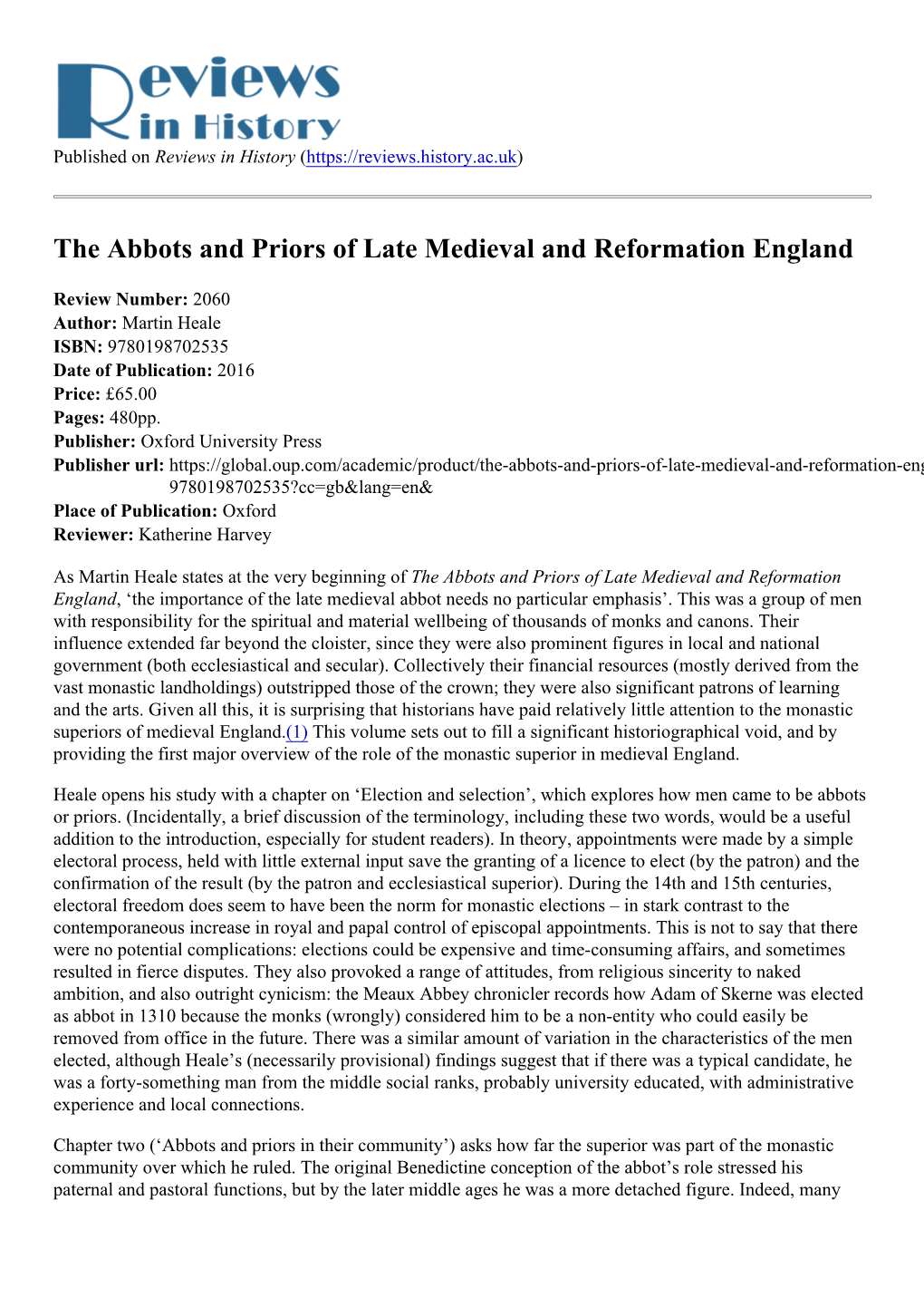 The Abbots and Priors of Late Medieval and Reformation England