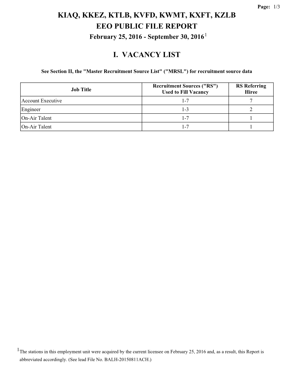 KIAQ, KKEZ, KTLB, KVFD, KWMT, KXFT, KZLB EEO PUBLIC FILE REPORT February 25, 2016 - September 30, 2016