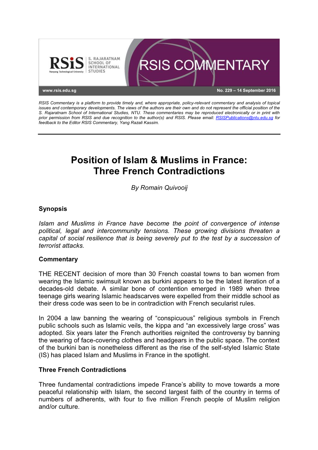 Position of Islam & Muslims in France: Three French Contradictions