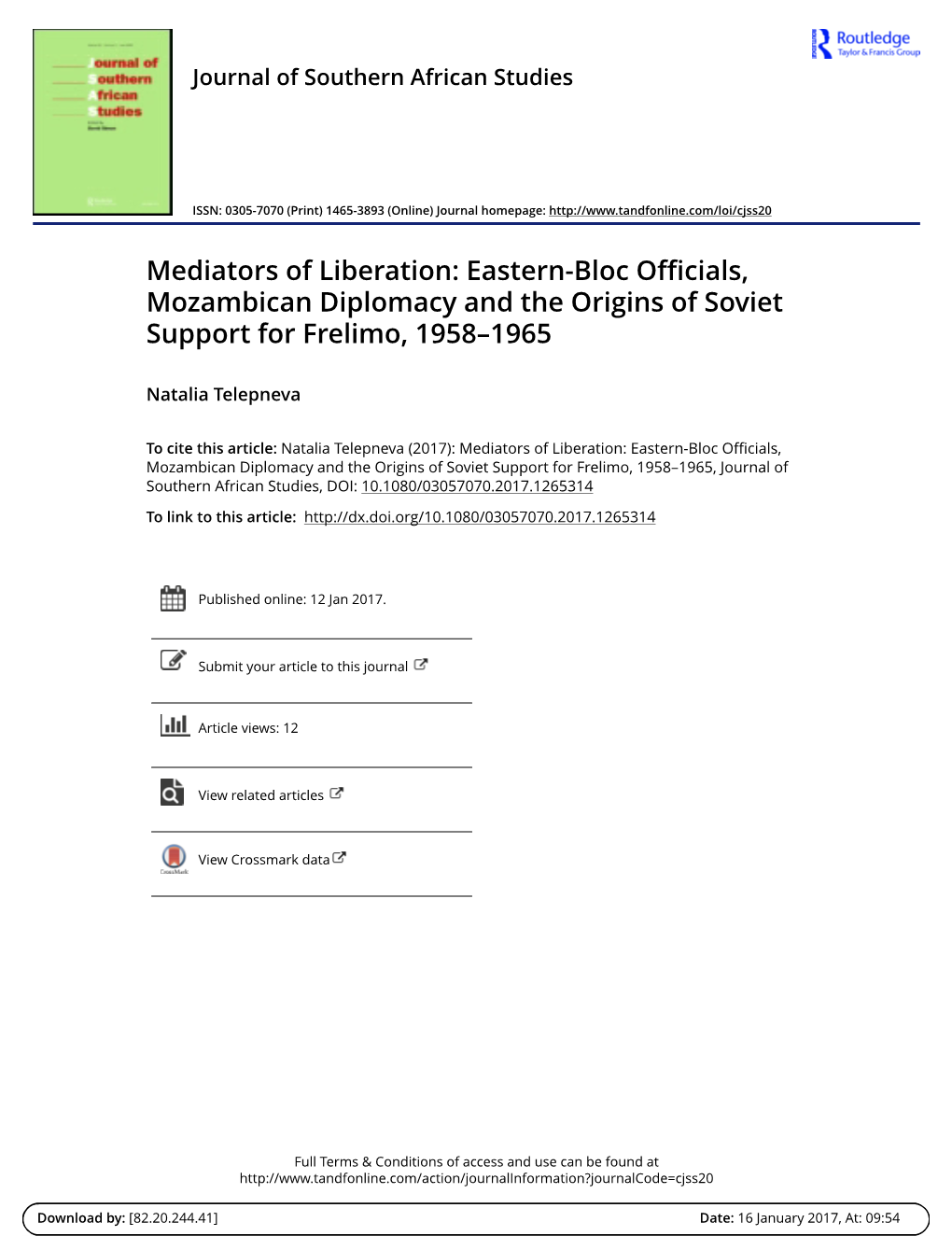 Mediators of Liberation: Eastern-Bloc Officials, Mozambican Diplomacy and the Origins of Soviet Support for Frelimo, 1958–1965