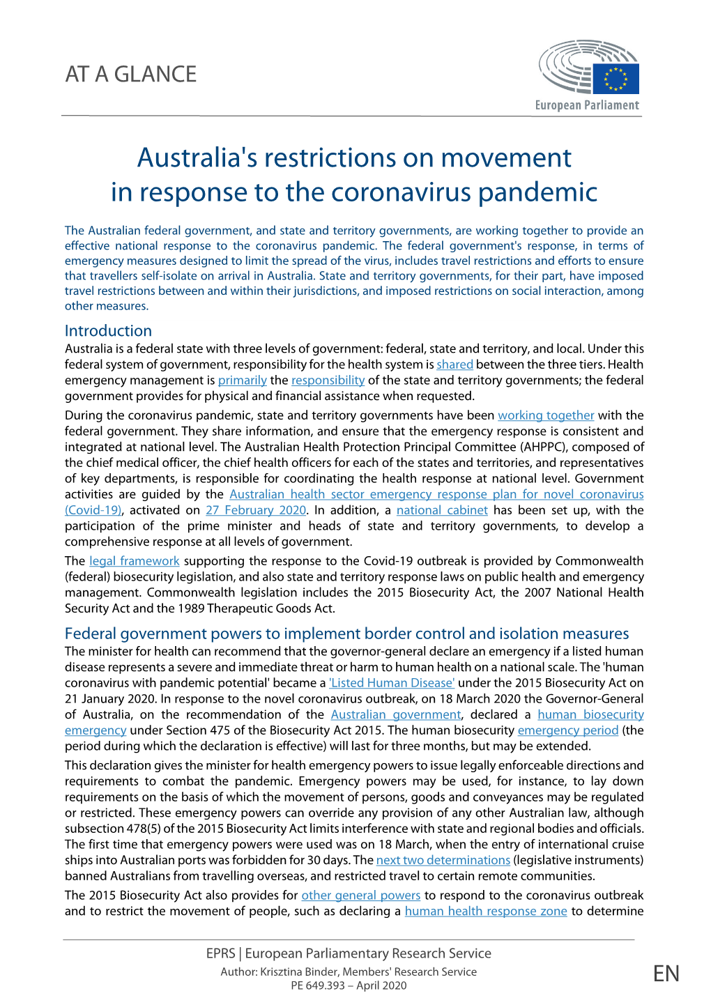 Australia's Restrictions on Movement in Response to the Coronavirus Pandemic
