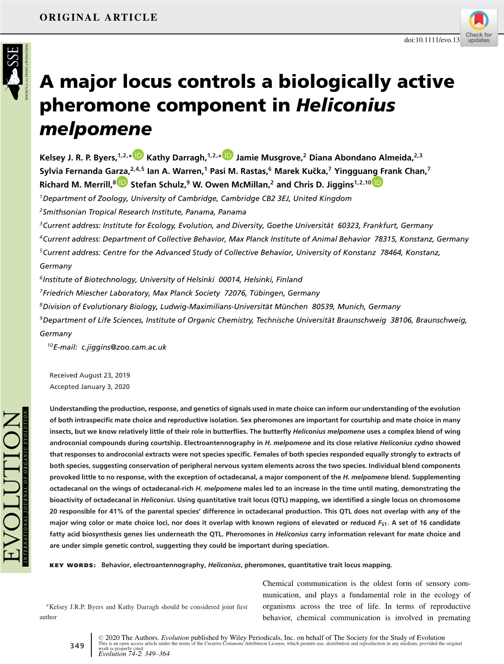 A Major Locus Controls a Biologically Active Pheromone Component in Heliconius Melpomene