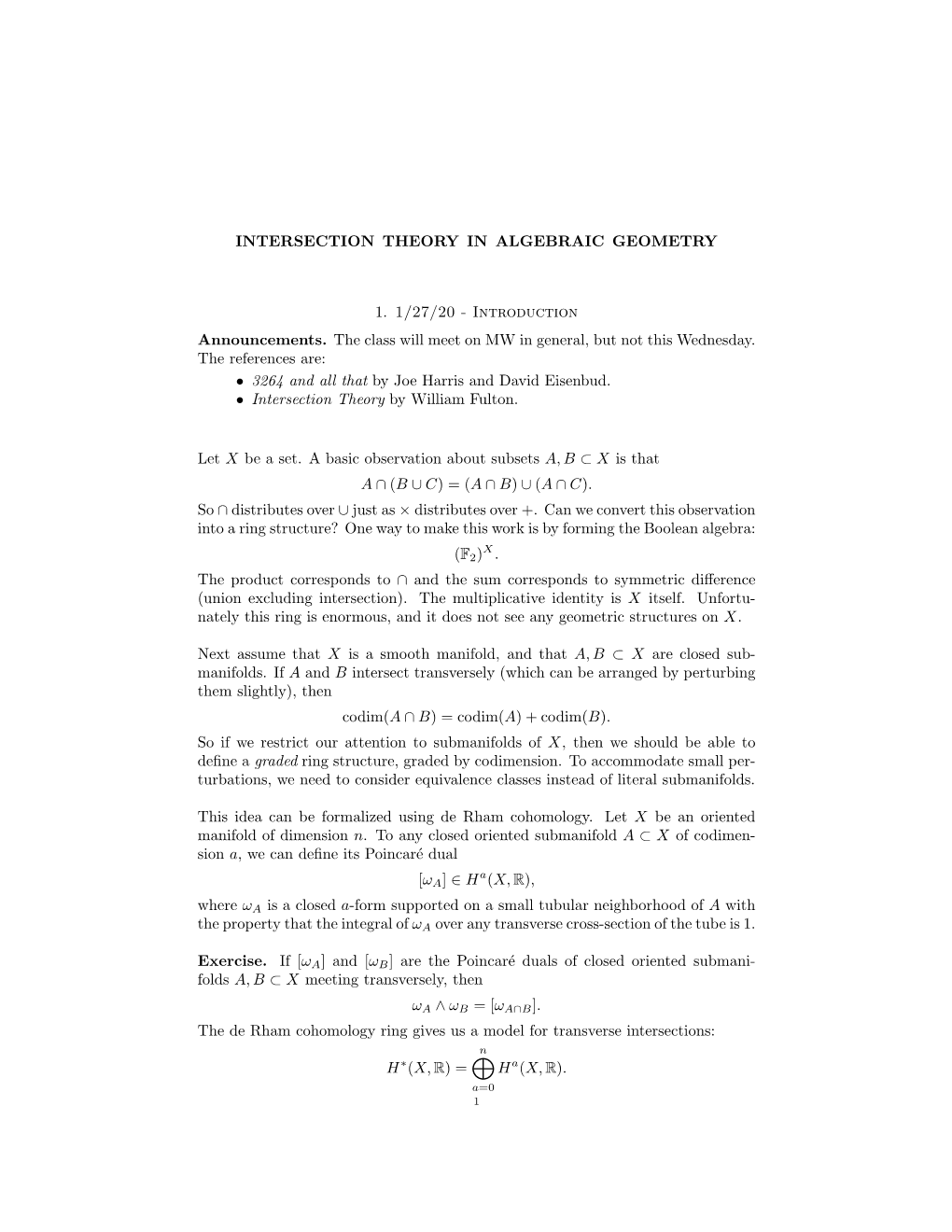 Intersection Theory in Algebraic Geometry 1. 1/27/20