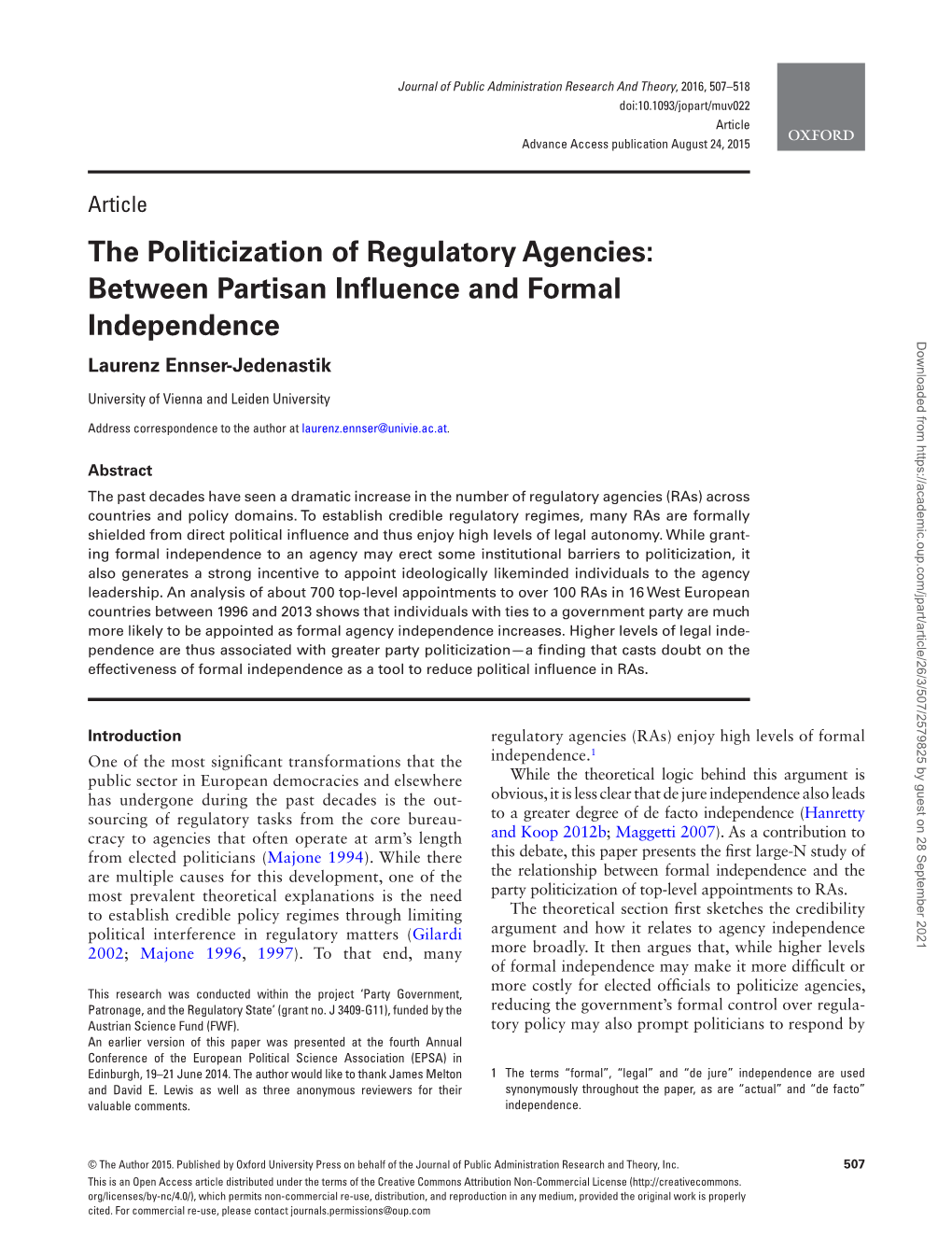 The Politicization of Regulatory Agencies: Between Partisan Influence and Formal
