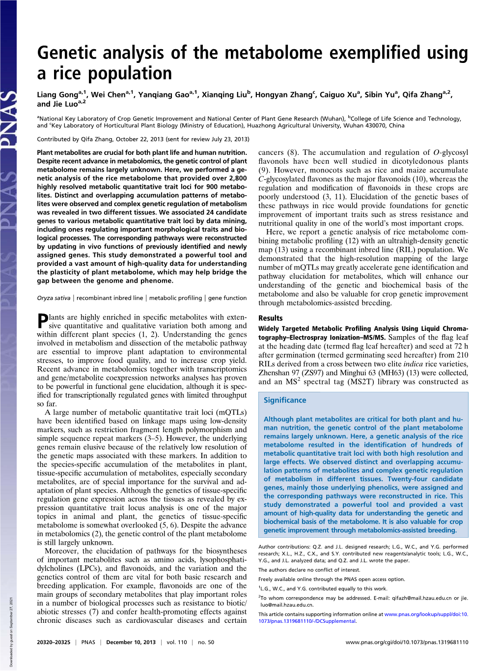 Genetic Analysis of the Metabolome Exemplified Using a Rice Population