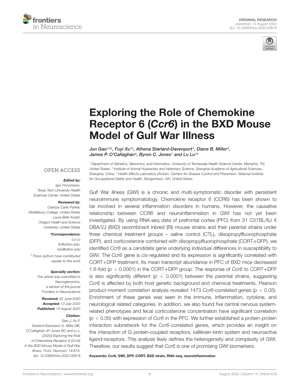 (Ccr6) in the BXD Mouse Model of Gulf War Illness