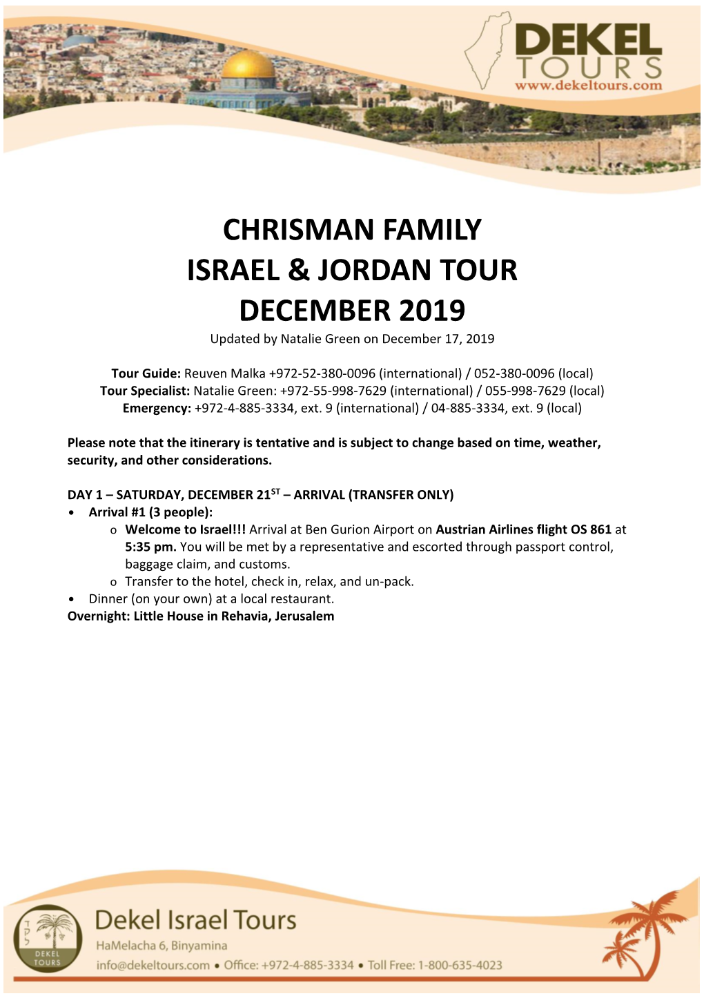 Chrisman Family Israel & Jordan Tour December 2019