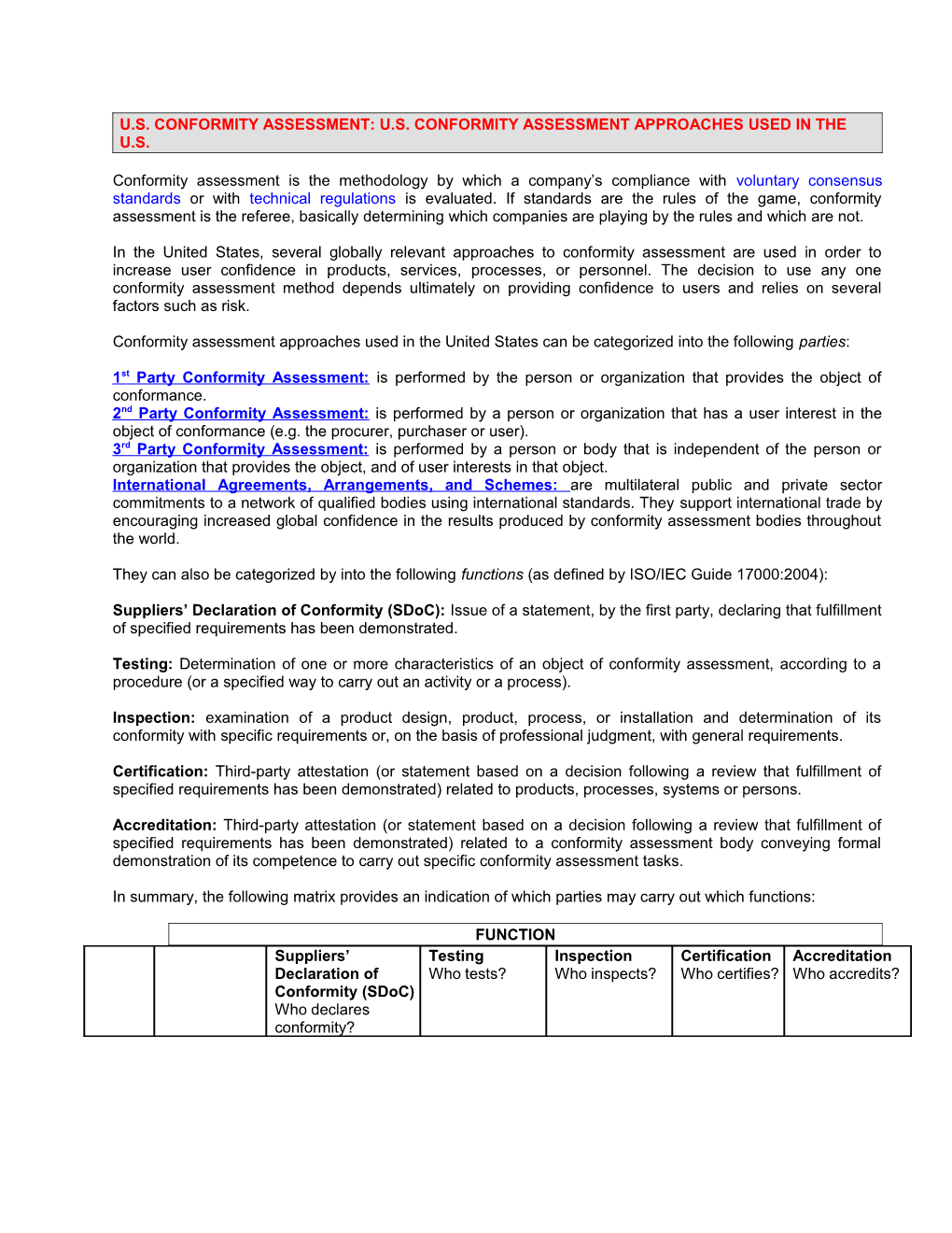 U.S. Conformity Assessment: U.S. Conformity Assessment Approaches Used in the U.S