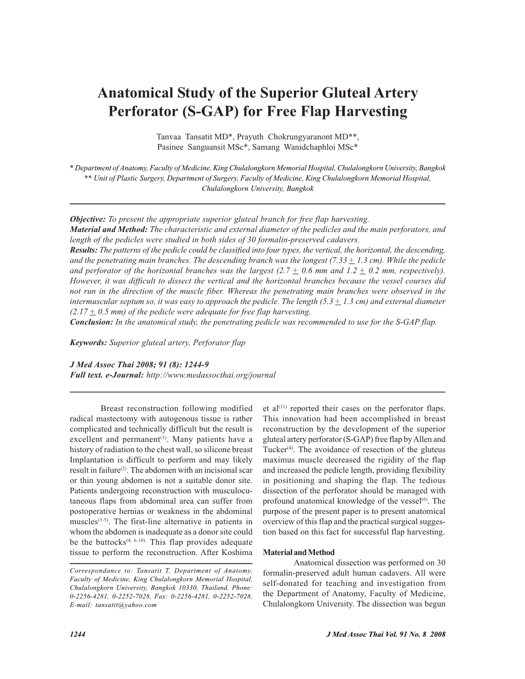 Anatomical Study of the Superior Gluteal Artery Perforator (S-GAP) for Free Flap Harvesting