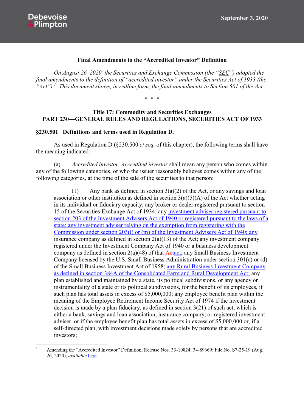 September 3, 2020 Final Amendments to the “Accredited Investor