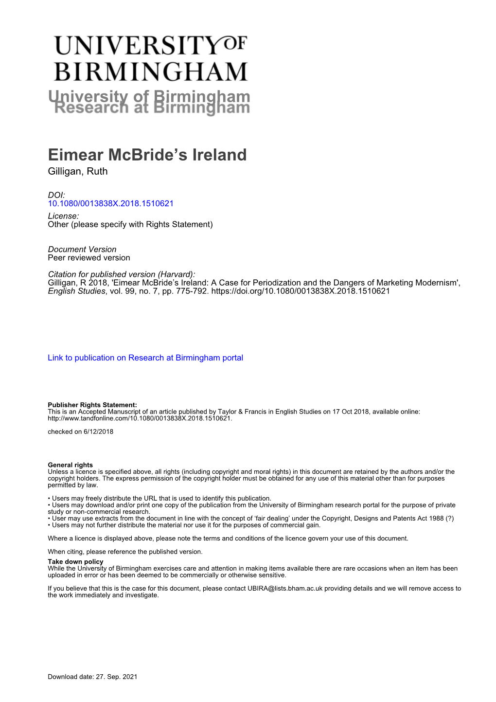 University of Birmingham Eimear Mcbride's Ireland