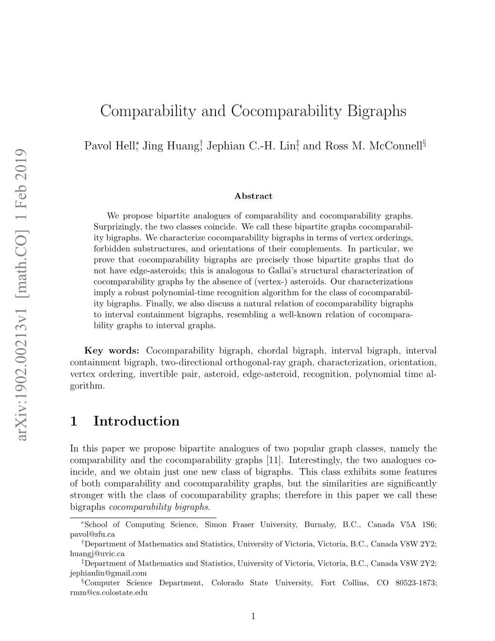 [Math.CO] 1 Feb 2019 Comparability and Cocomparability Bigraphs