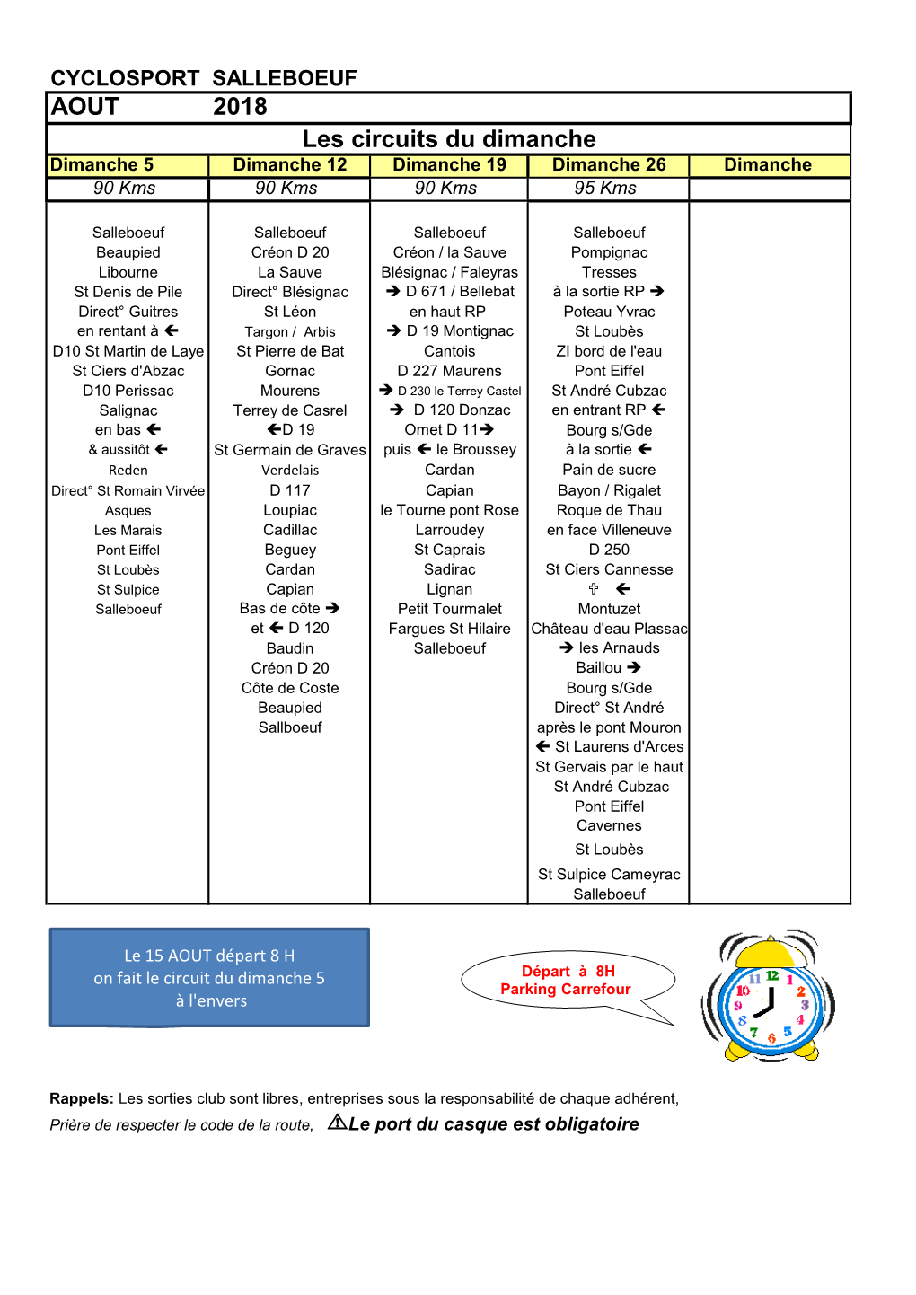AOUT 2018 Les Circuits Du Dimanche Dimanche 5 Dimanche 12 Dimanche 19 Dimanche 26 Dimanche 90 Kms 90 Kms 90 Kms 95 Kms
