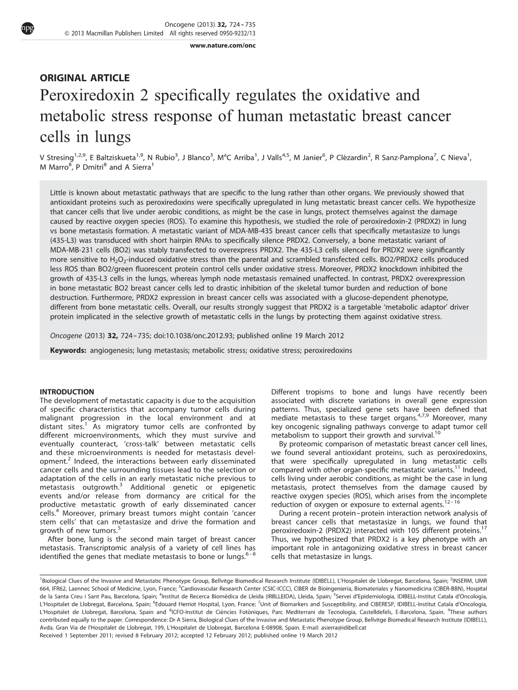 Peroxiredoxin 2 Specifically Regulates the Oxidative and Metabolic Stress Response of Human Metastatic Breast Cancer Cells in Lu