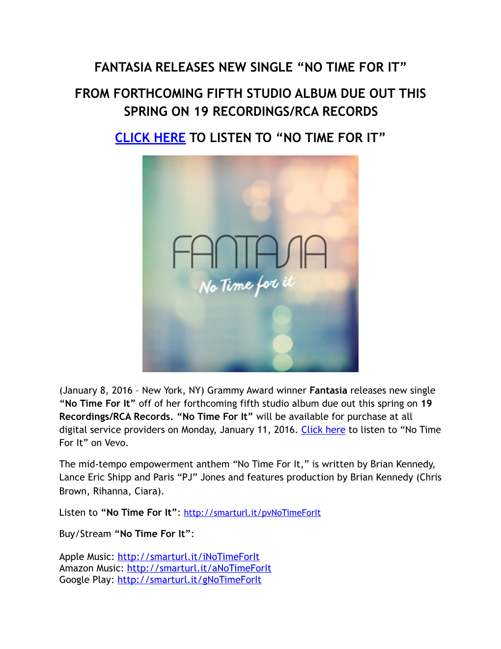 Fantasia Releases 'No Time for It' Final January 8, 2016