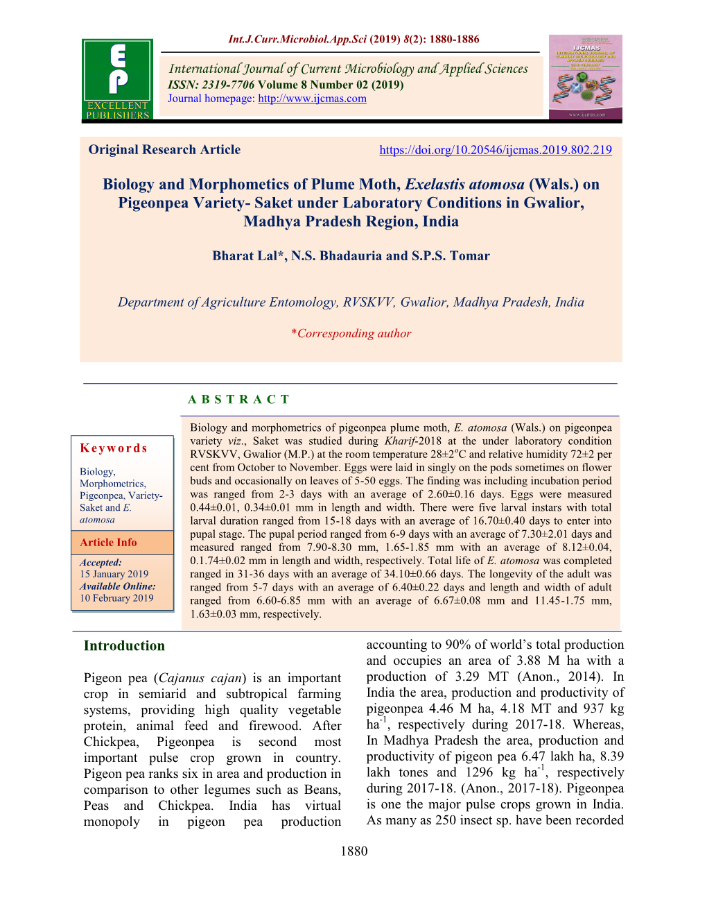 Biology and Morphometics of Plume Moth, Exelastis Atomosa (Wals.) on Pigeonpea Variety- Saket Under Laboratory Conditions in Gwalior, Madhya Pradesh Region, India