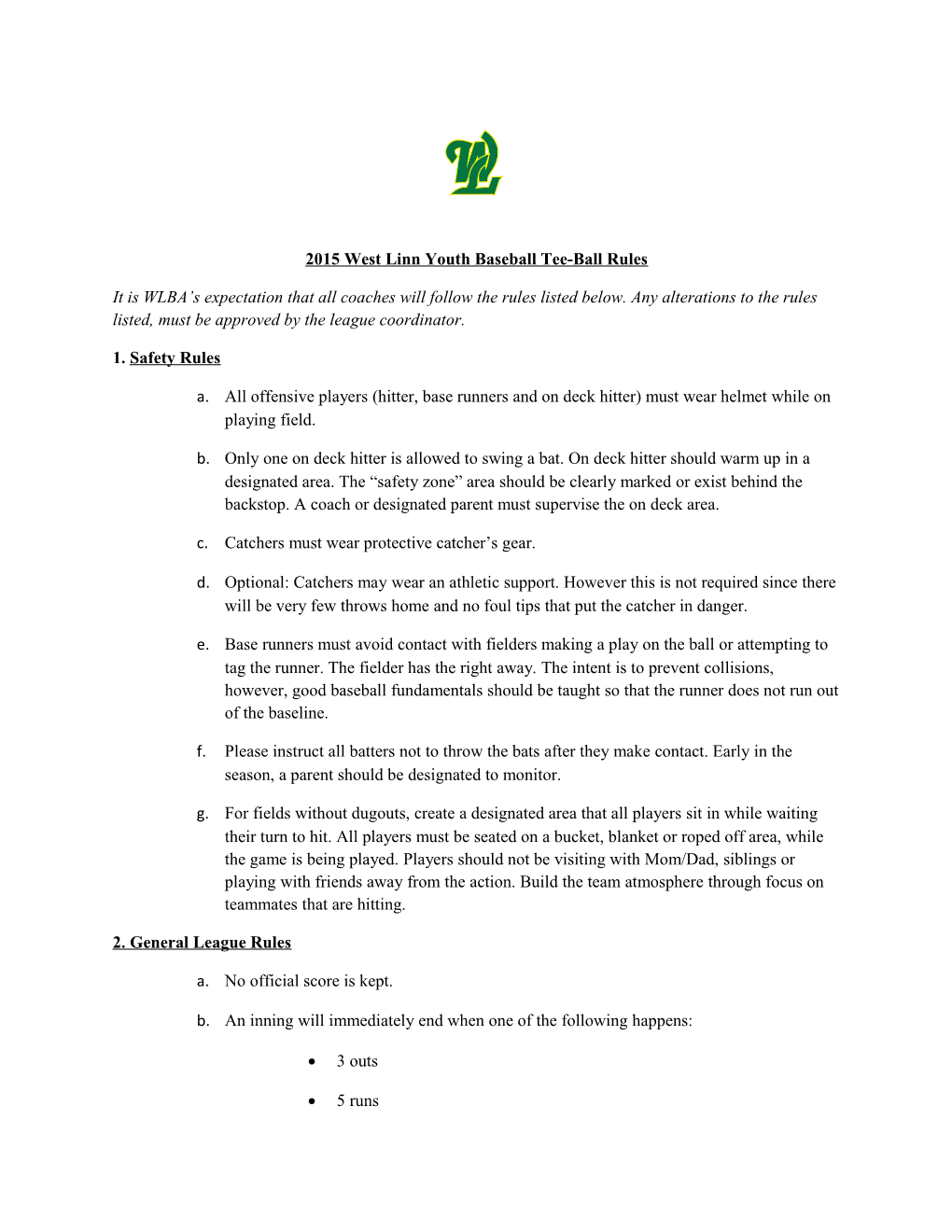 2015 West Linn Youth Baseball Tee-Ball Rules