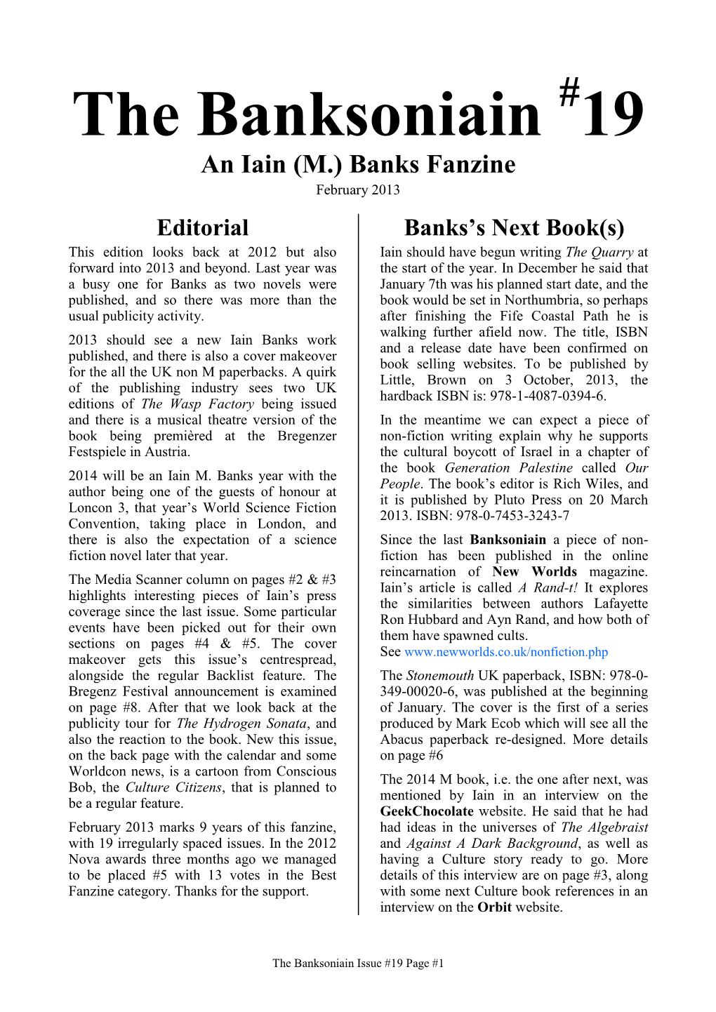 The Banksoniain #19 an Iain (M.) Banks Fanzine February 2013