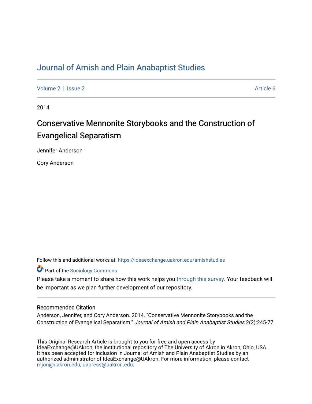 Conservative Mennonite Storybooks and the Construction of Evangelical Separatism