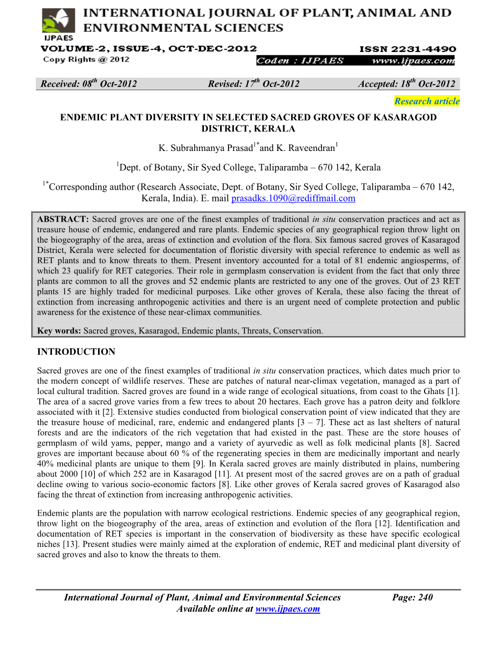 Endemic Plant Diversity in Selected Sacred Groves of Kasaragod District, Kerala K