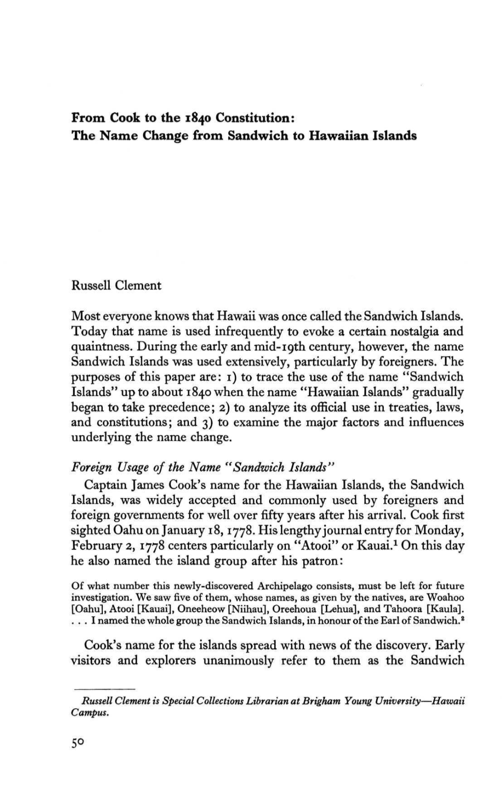 From Cook to the 1840 Constitution: the Name Change from Sandwich to Hawaiian Islands