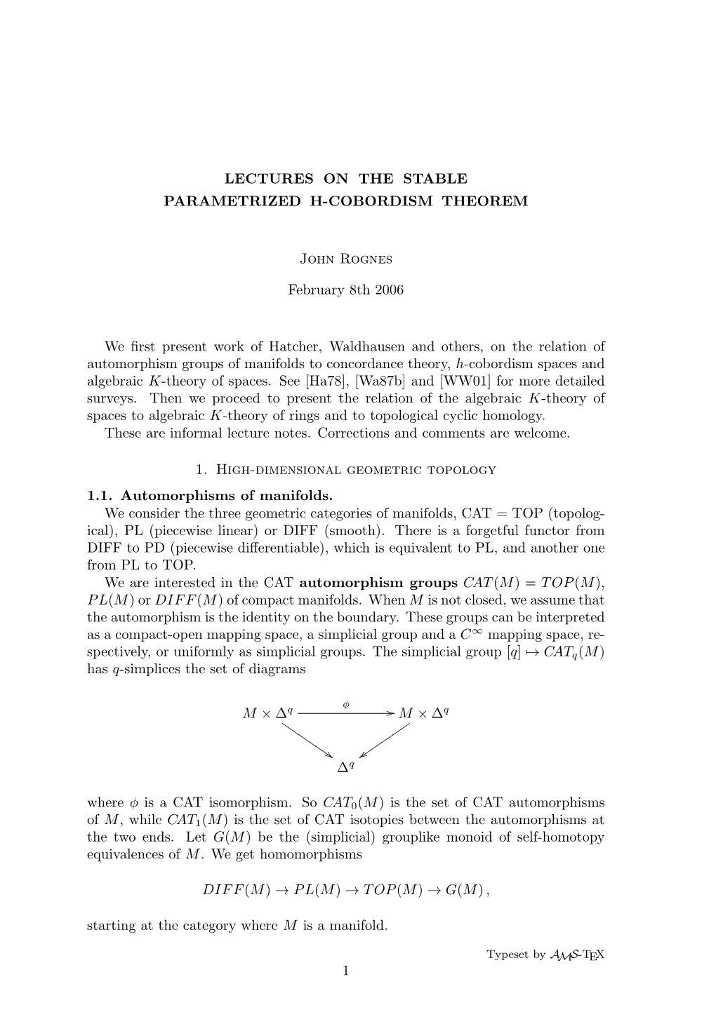 Lectures on the Stable Parametrized H-Cobordism Theorem