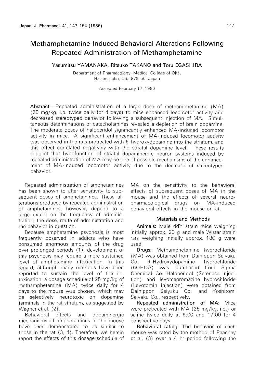 Methamphetamine-Induced Behavioral Alterations Following Repeated Administration of Methamphetamine