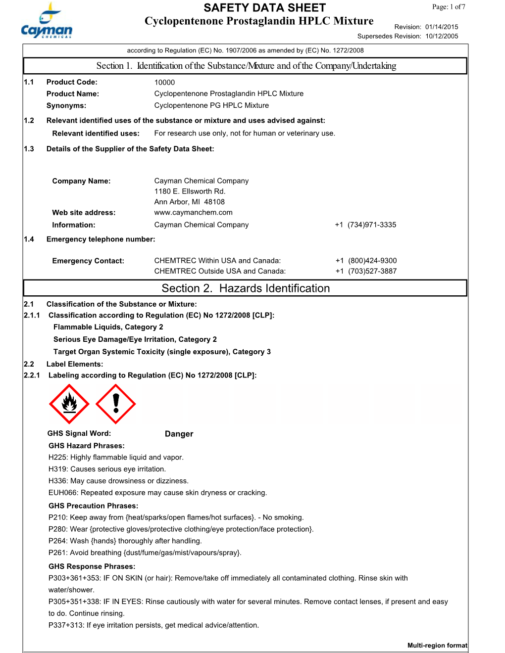 Cyclopentenone Prostaglandin HPLC Mixture SAFETY DATA SHEET