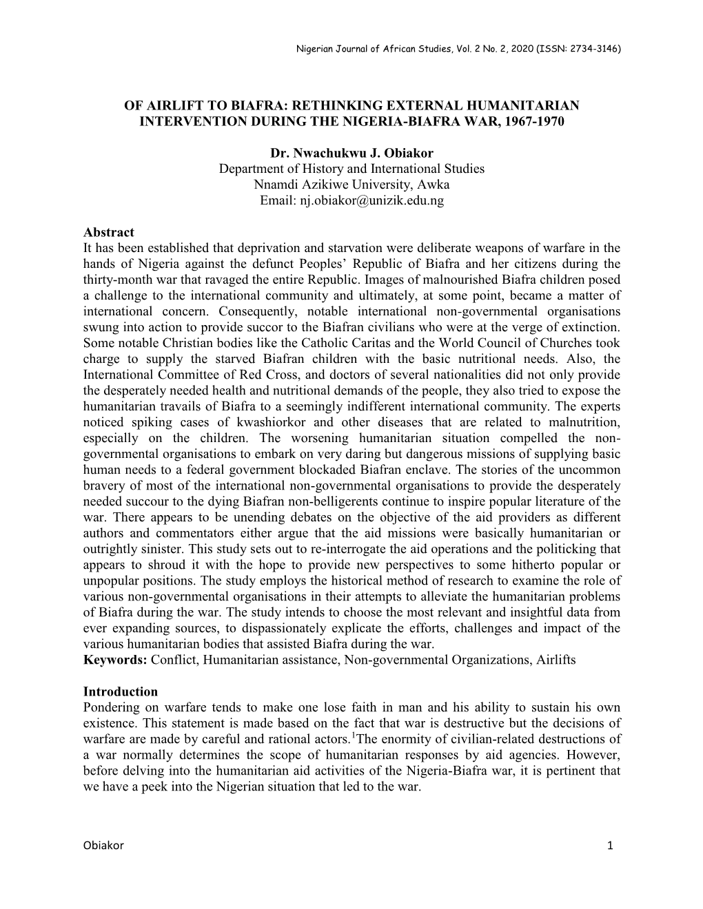 Of Airlift to Biafra: Rethinking External Humanitarian Intervention During the Nigeria-Biafra War, 1967-1970