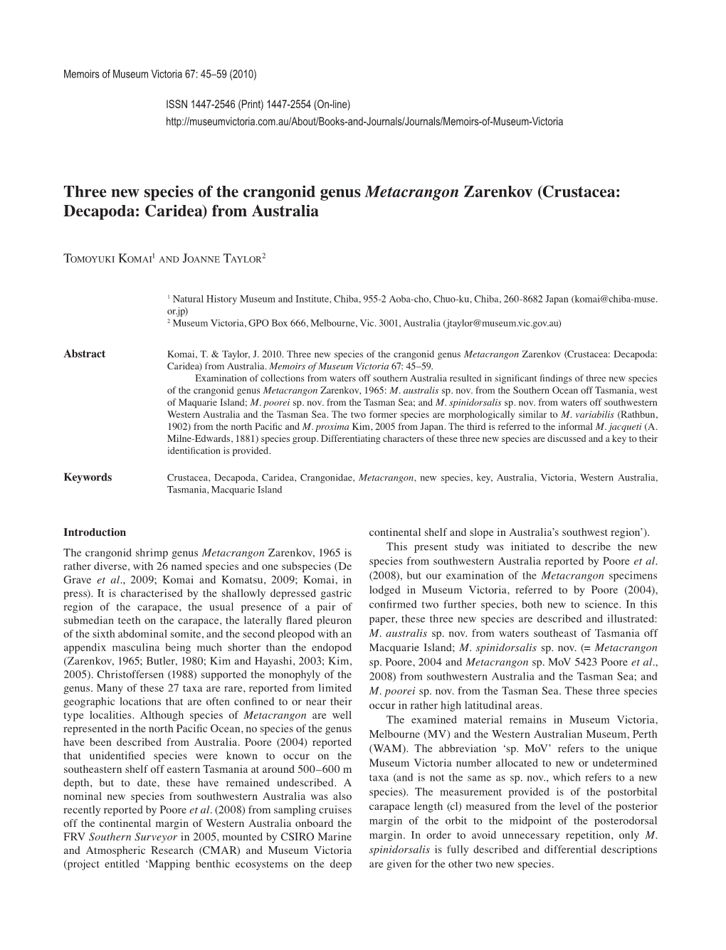 Three New Species of the Crangonid Genus Metacrangon Zarenkov (Crustacea: Decapoda: Caridea) from Australia