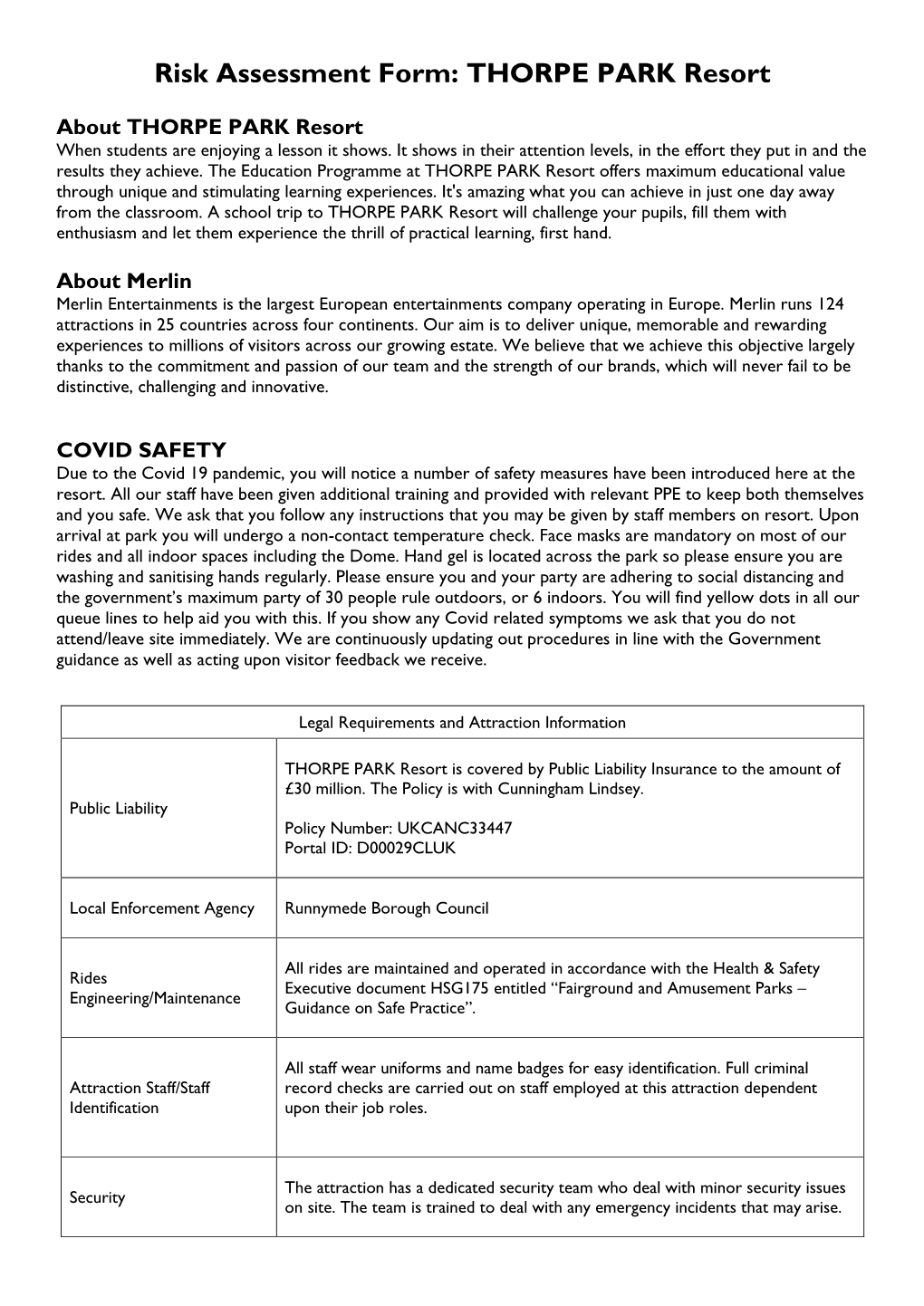 Risk Assessment Form: THORPE PARK Resort