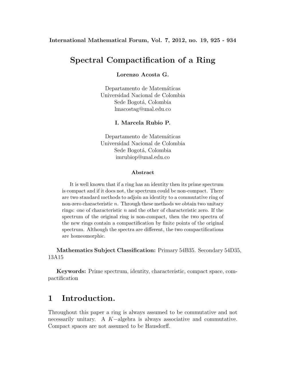 Spectral Compactification of a Ring 1 Introduction