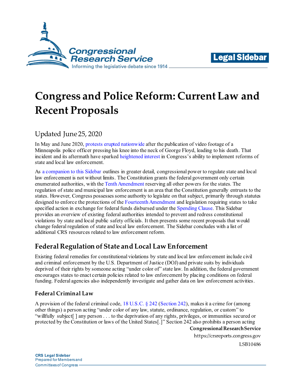 Congress and Police Reform: Current Law and Recent Proposals