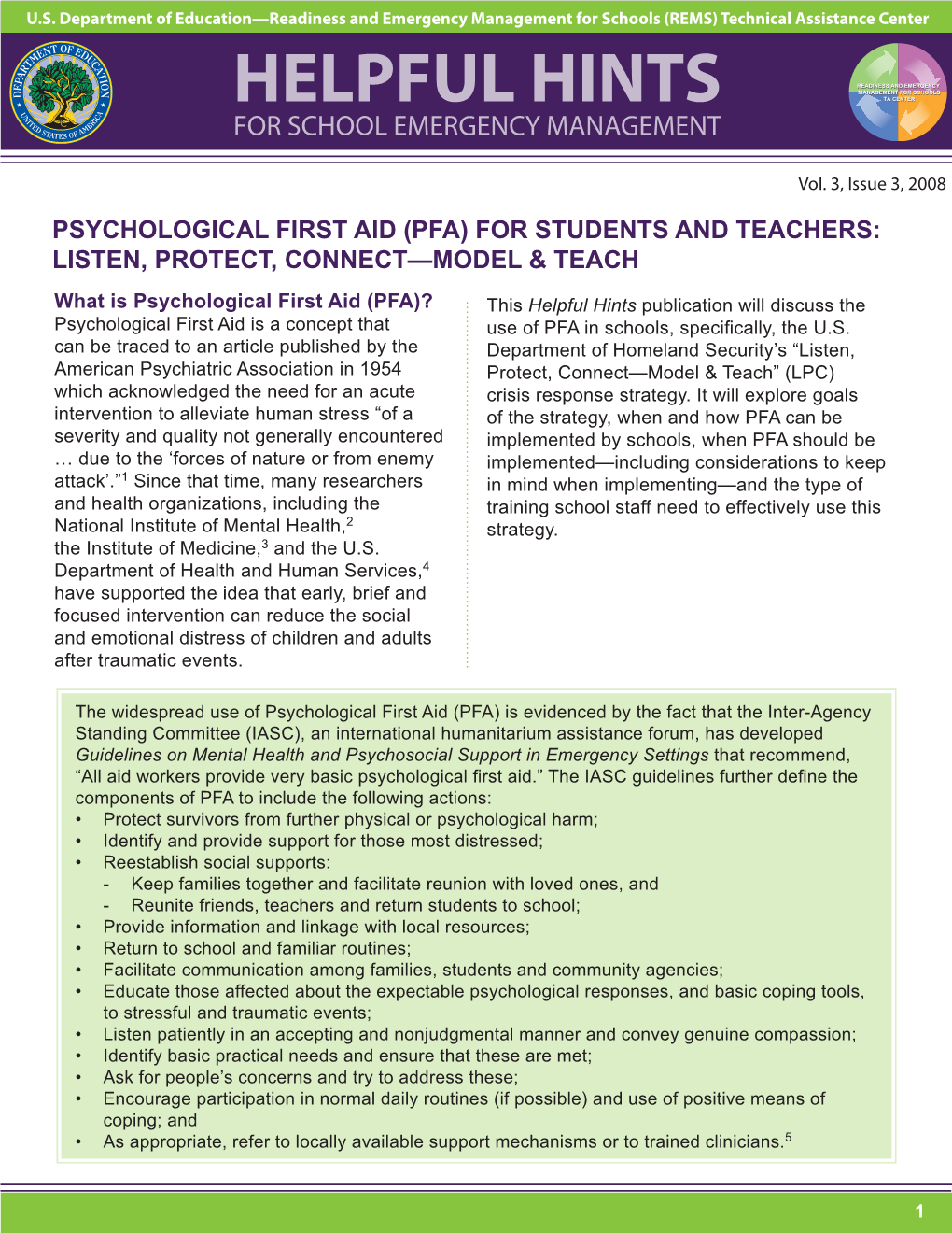 Psychological First Aid (Pfa) for Students and Teachers: Listen, Protect, Connect—Model & Teach