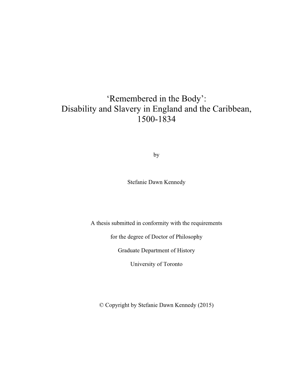 Disability and Slavery in England and the Caribbean, 1500-1834