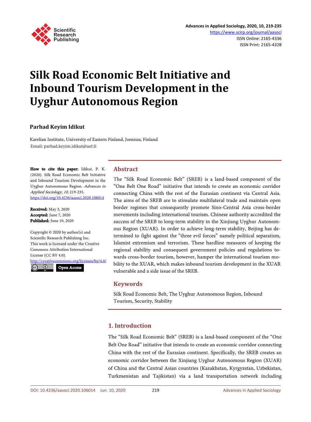 Silk Road Economic Belt Initiative and Inbound Tourism Development in the Uyghur Autonomous Region