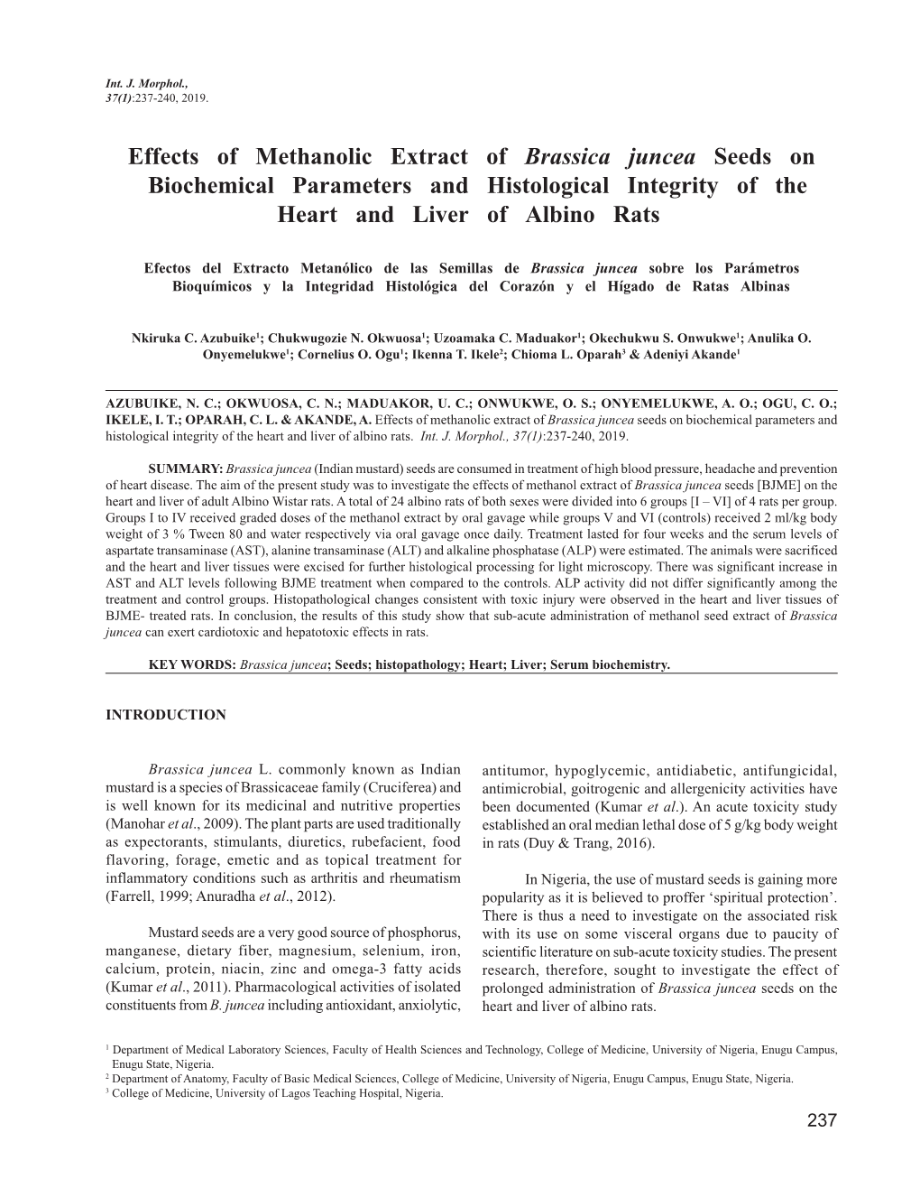 Effects of Methanolic Extract of Brassica Juncea Seeds on Biochemical Parameters and Histological Integrity of the Heart and Liver of Albino Rats
