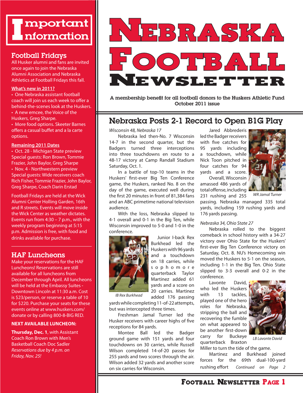 Nebraska Football Alumni Association and Nebraska Athletics at Football Fridays This Fall